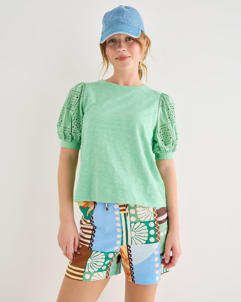 Green Embroidered Cotton Puff Sleeve Top