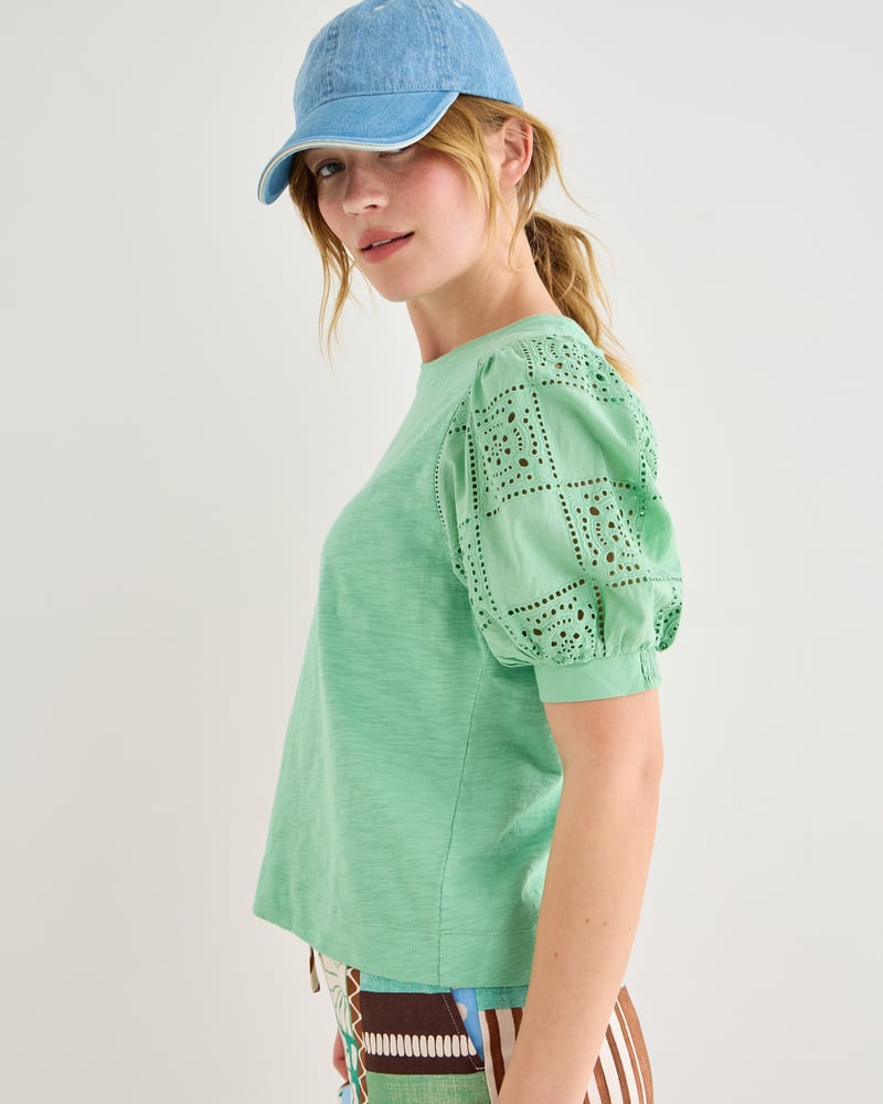 Green Embroidered Cotton Puff Sleeve Top