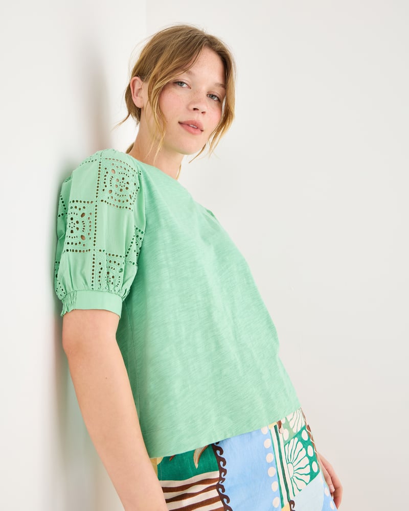 Green Embroidered Cotton Puff Sleeve Top