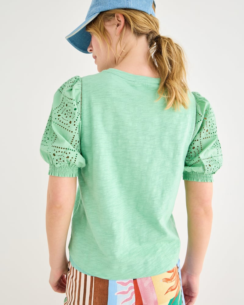 Green Embroidered Cotton Puff Sleeve Top