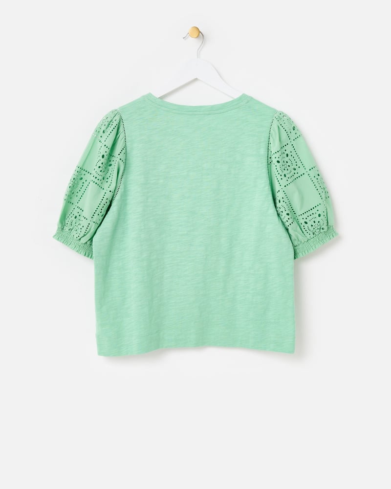 Green Embroidered Cotton Puff Sleeve Top
