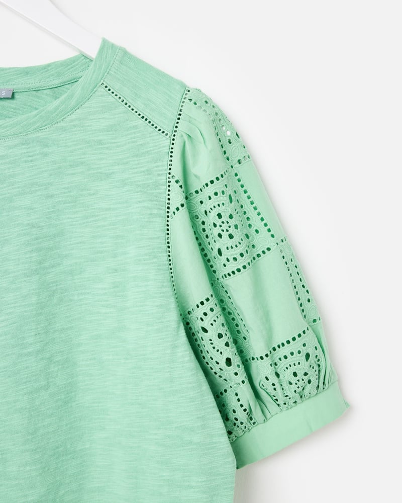 Green Embroidered Cotton Puff Sleeve Top