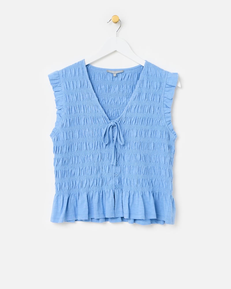 Blue Tie Front Shirred Cotton Sleeveless Top