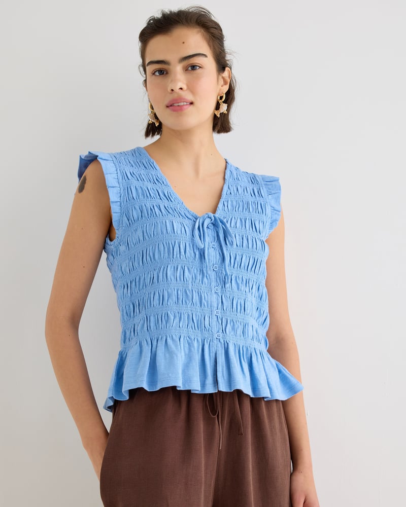 Blue Tie Front Shirred Cotton Sleeveless Top
