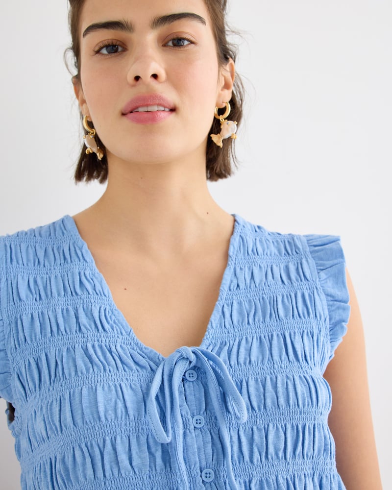 Blue Tie Front Shirred Cotton Sleeveless Top