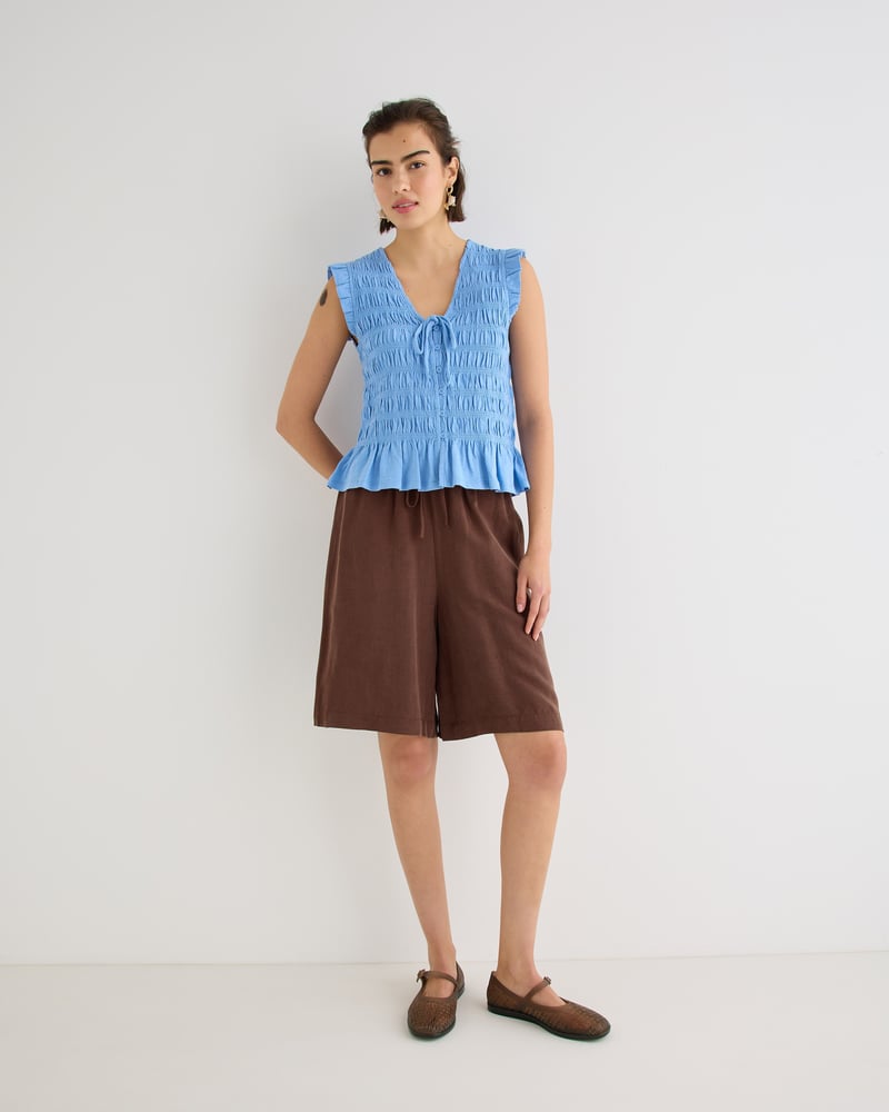 Blue Tie Front Shirred Cotton Sleeveless Top