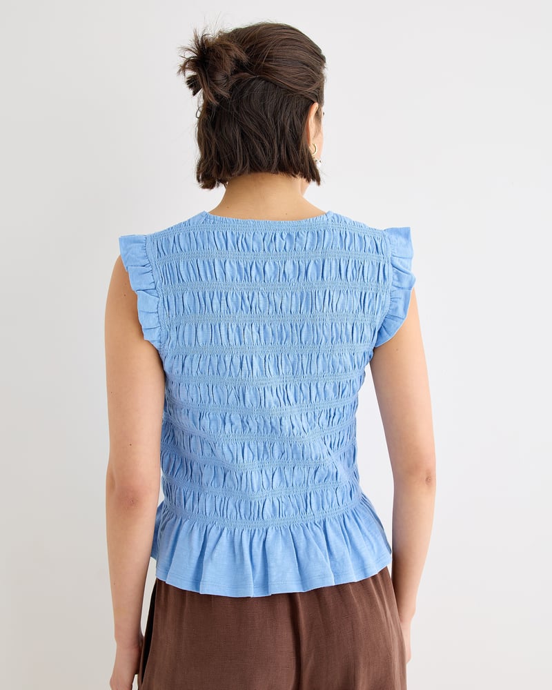 Blue Tie Front Shirred Cotton Sleeveless Top