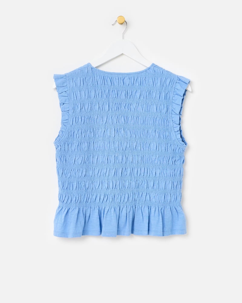 Blue Tie Front Shirred Cotton Sleeveless Top