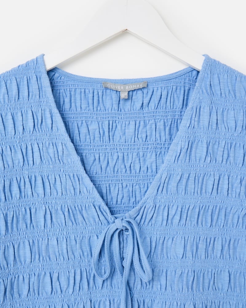 Blue Tie Front Shirred Cotton Sleeveless Top