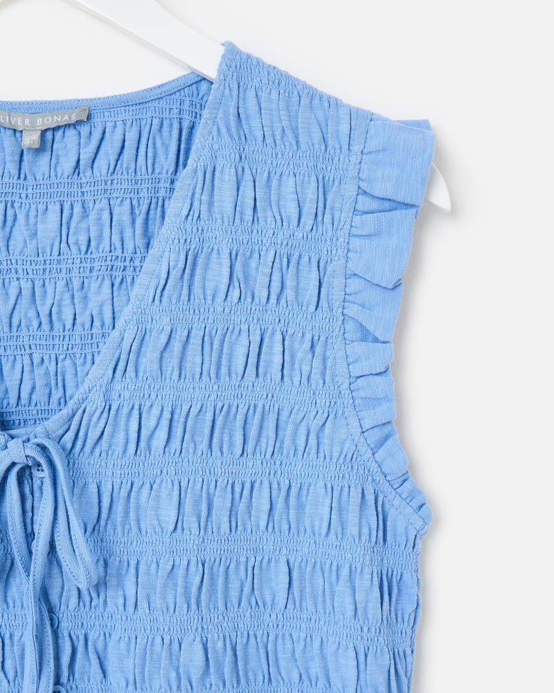 Blue Tie Front Shirred Cotton Sleeveless Top