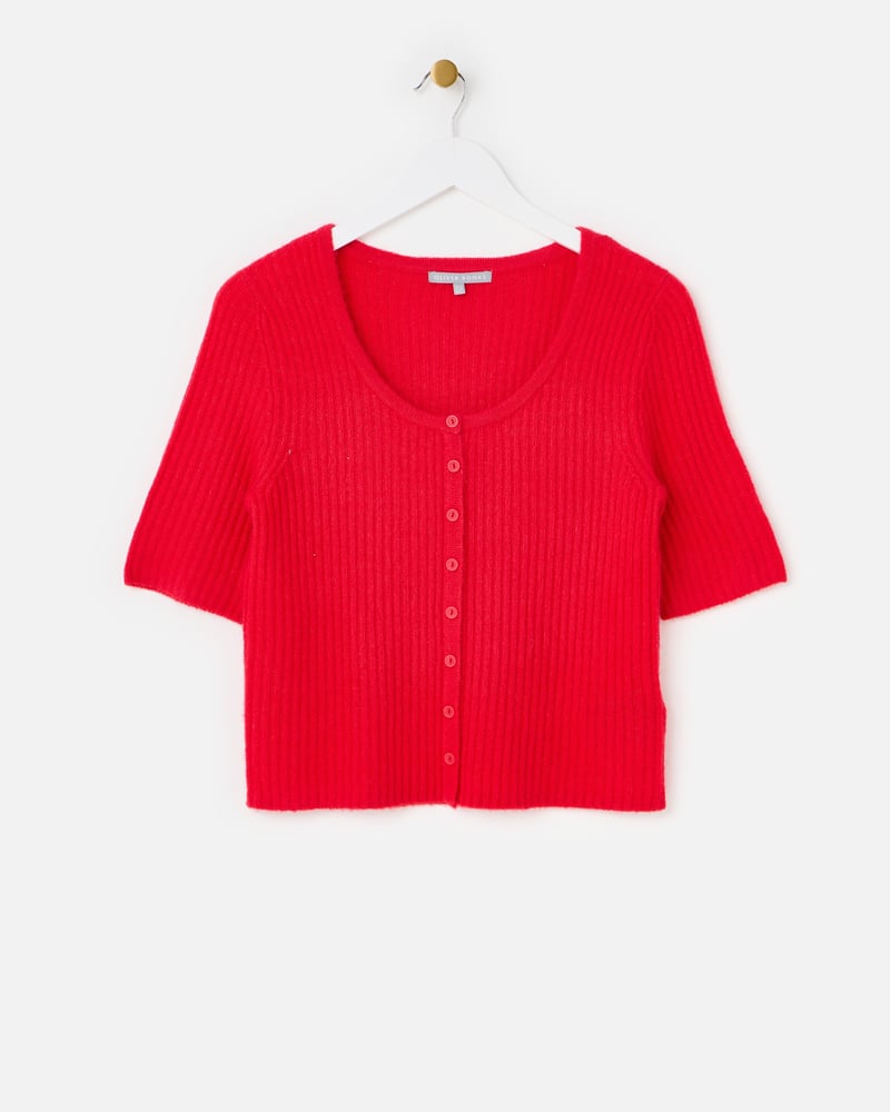 Red Button Up Ribbed Knitted Top