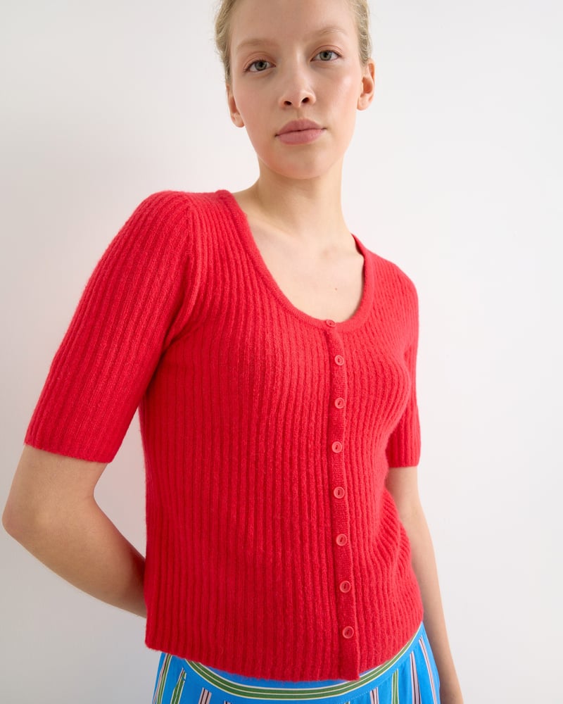 Red Button Up Ribbed Knitted Top