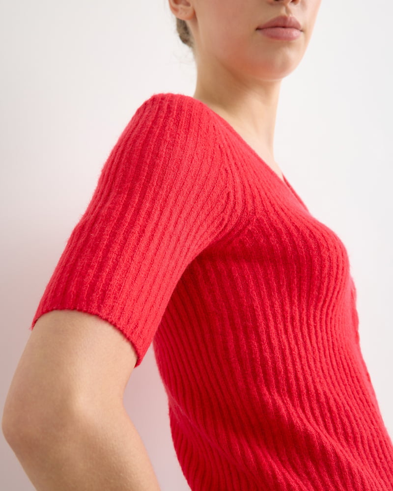 Red Button Up Ribbed Knitted Top