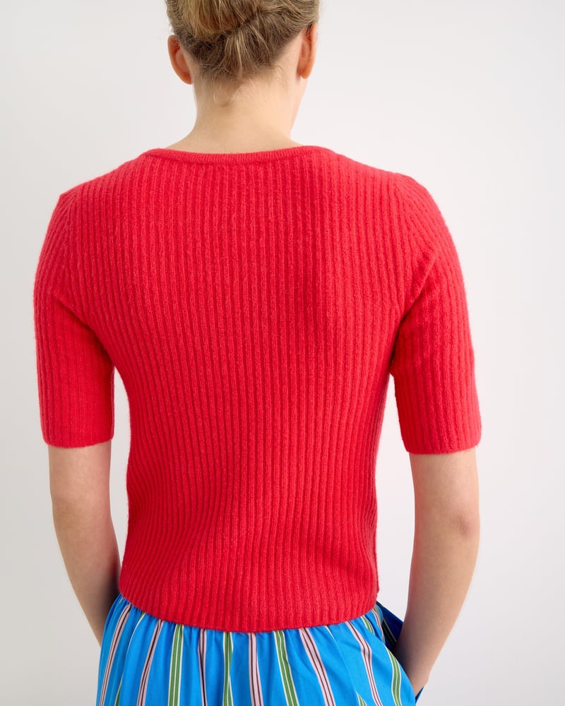 Red Button Up Ribbed Knitted Top