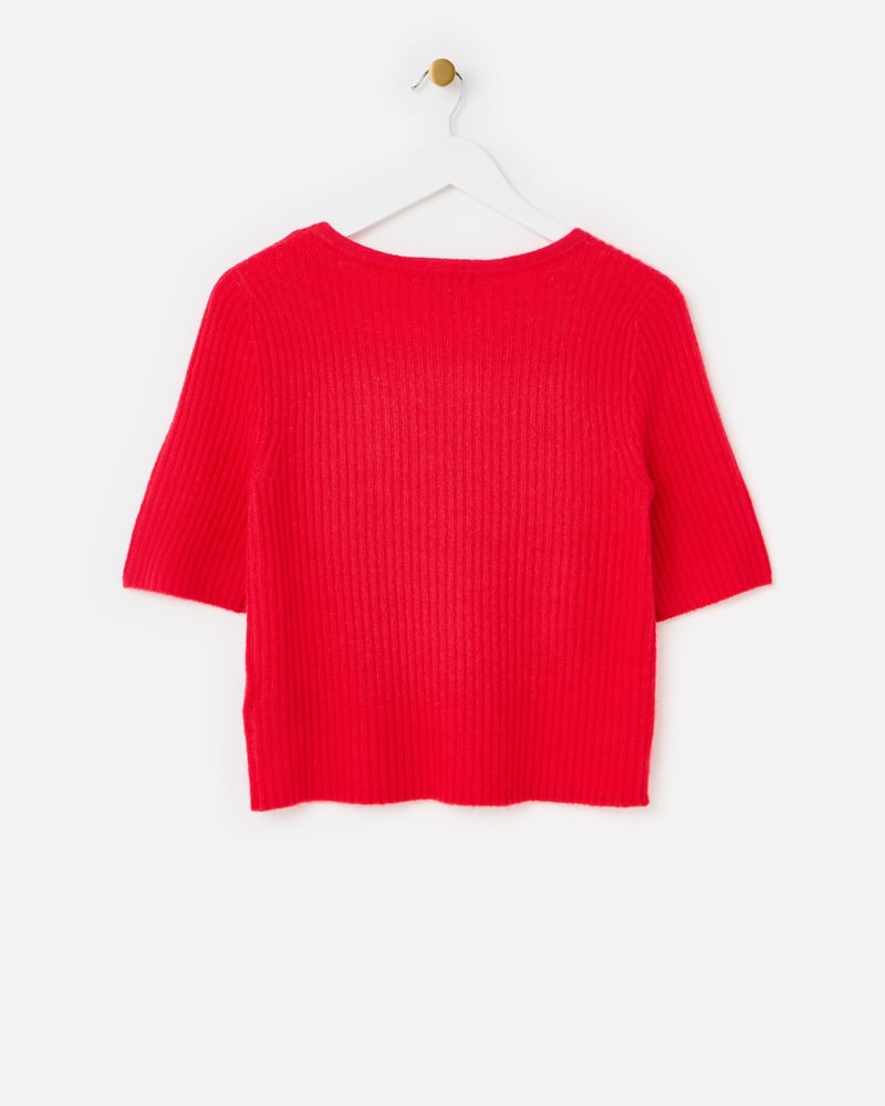 Red Button Up Ribbed Knitted Top
