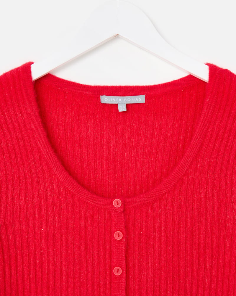 Red Button Up Ribbed Knitted Top