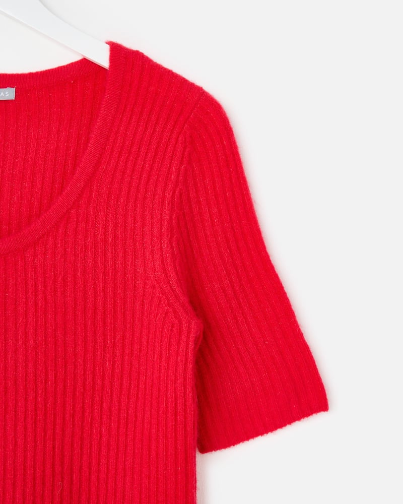 Red Button Up Ribbed Knitted Top
