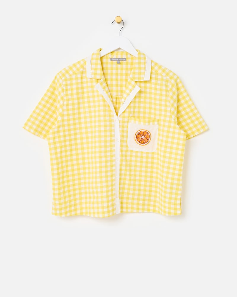 Yellow Gingham Orange Embroidered Cotton Short Sleeve Shirt