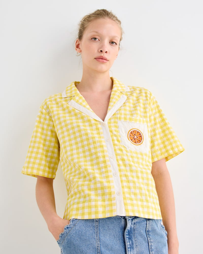 Yellow Gingham Orange Embroidered Cotton Short Sleeve Shirt