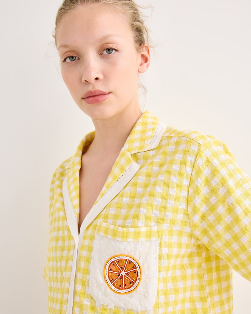 Yellow Gingham Orange Embroidered Cotton Short Sleeve Shirt