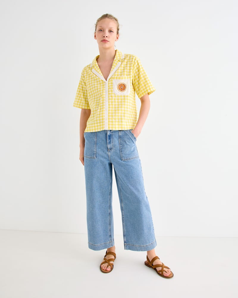 Yellow Gingham Orange Embroidered Cotton Short Sleeve Shirt