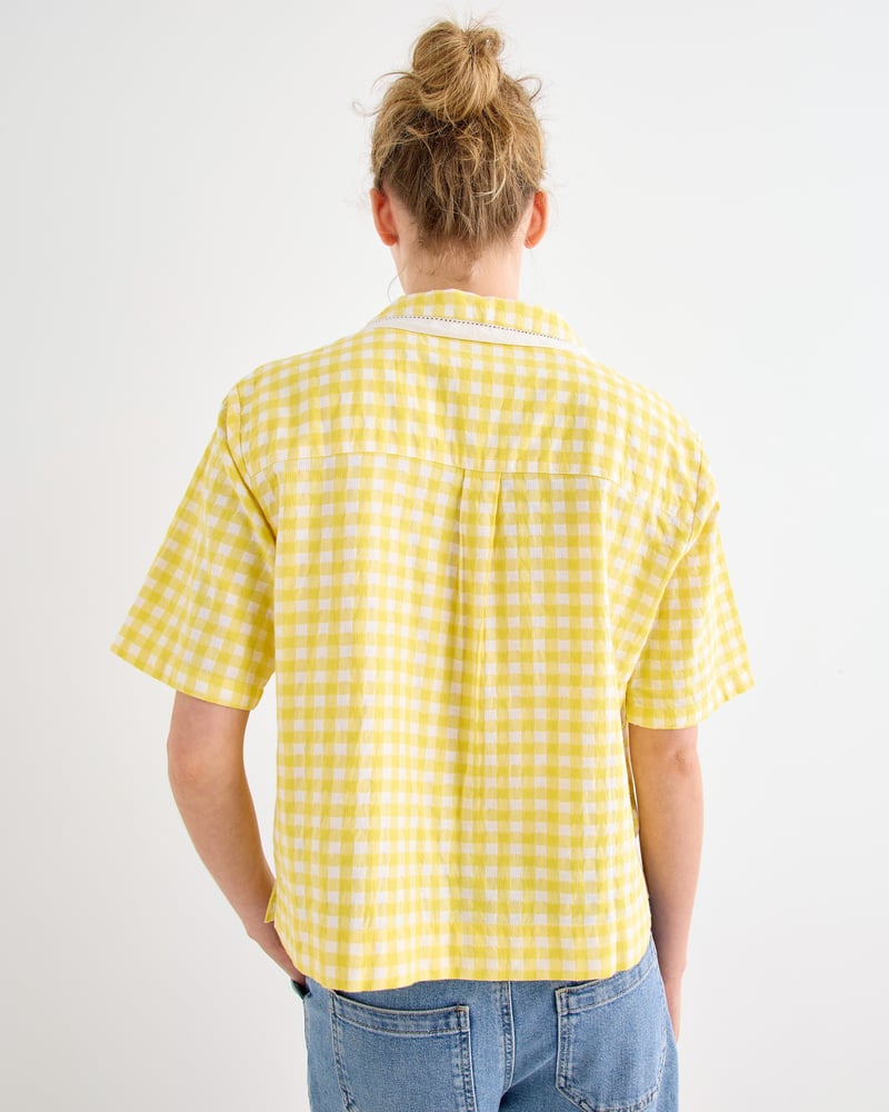 Yellow Gingham Orange Embroidered Cotton Short Sleeve Shirt