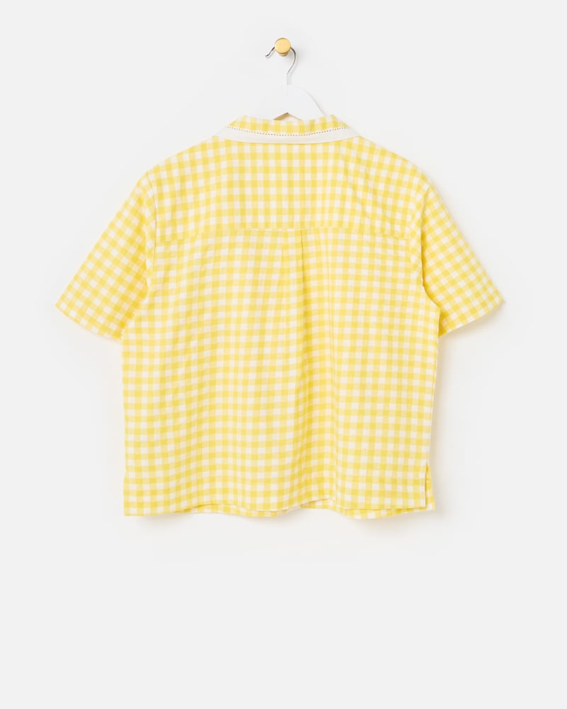Yellow Gingham Orange Embroidered Cotton Short Sleeve Shirt