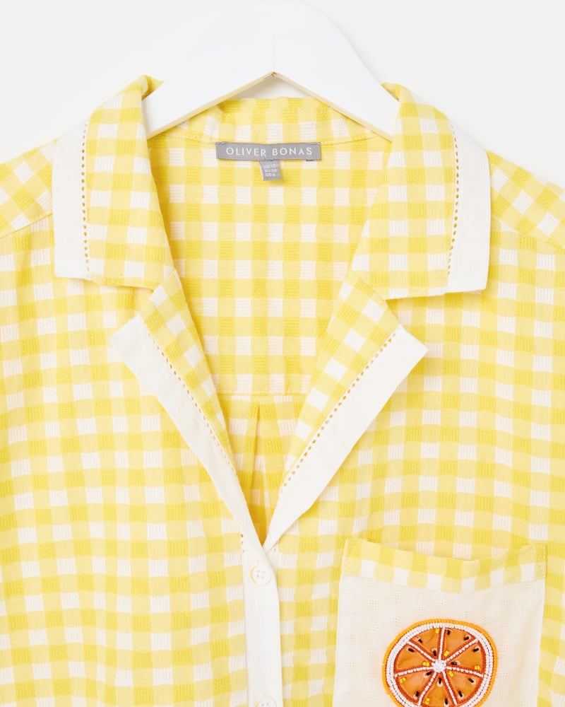 Yellow Gingham Orange Embroidered Cotton Short Sleeve Shirt