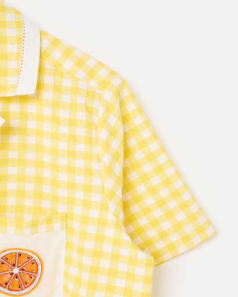Yellow Gingham Orange Embroidered Cotton Short Sleeve Shirt