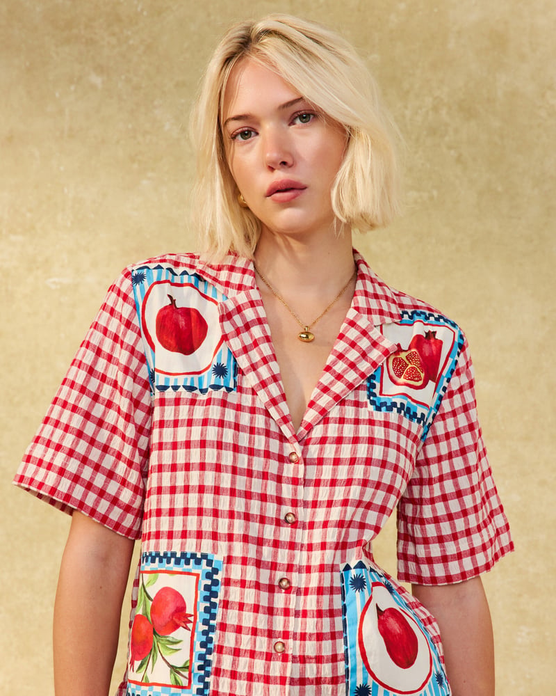 Red & Cream Gingham Pomegranate Short Sleeve Shirt
