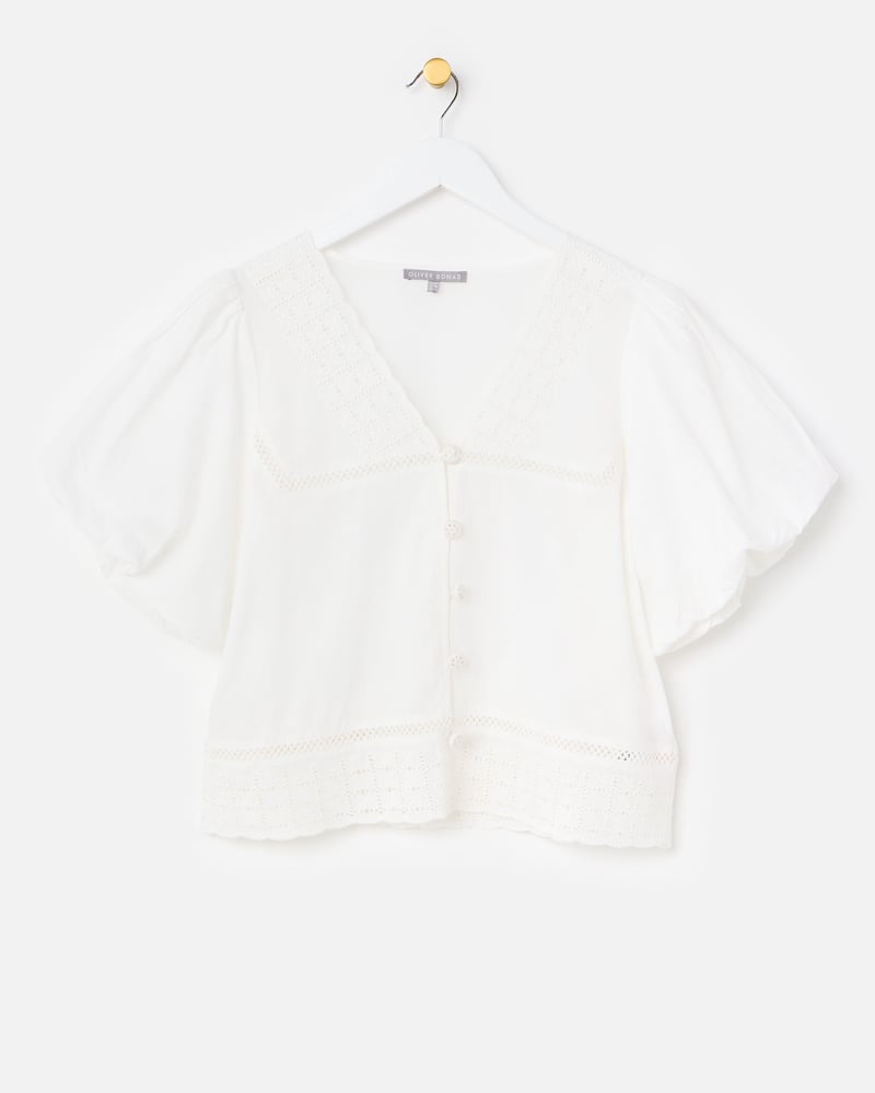 White Broderie Crochet Button Up Puff Sleeve Cotton Blouse