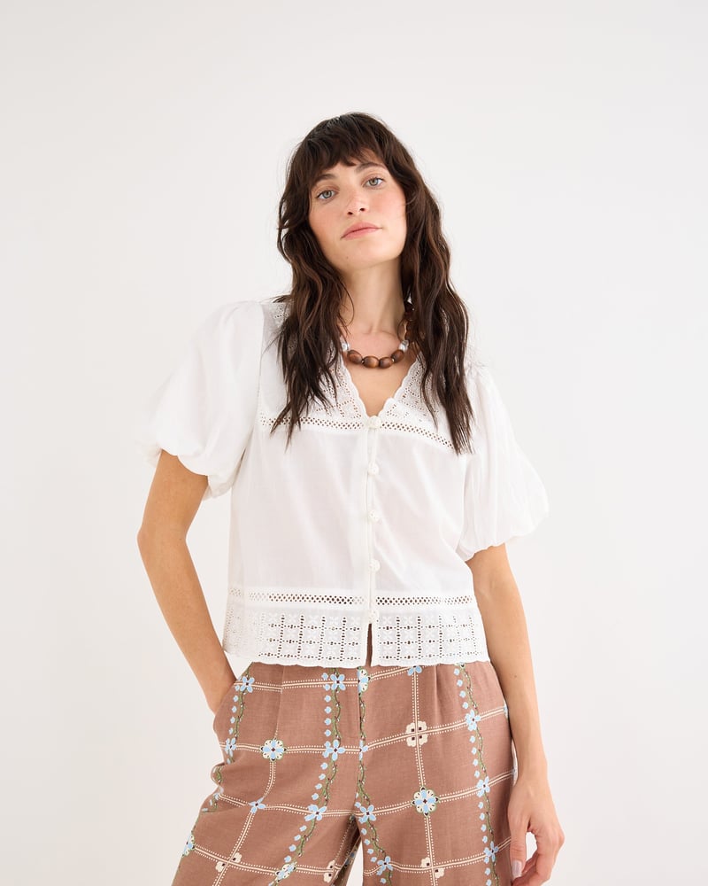 White Broderie Crochet Button Up Puff Sleeve Cotton Blouse