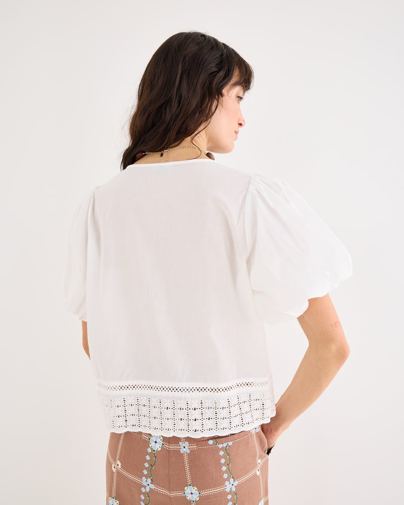 White Broderie Crochet Button Up Puff Sleeve Cotton Blouse