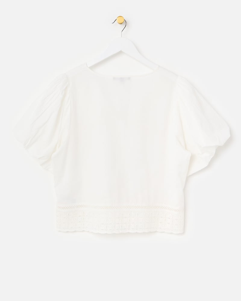 White Broderie Crochet Button Up Puff Sleeve Cotton Blouse