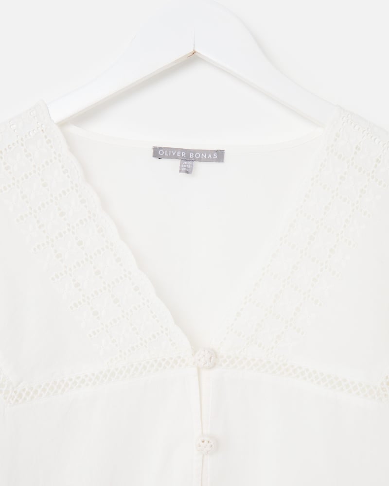 White Broderie Crochet Button Up Puff Sleeve Cotton Blouse