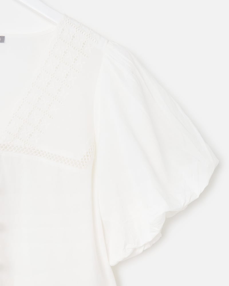 White Broderie Crochet Button Up Puff Sleeve Cotton Blouse