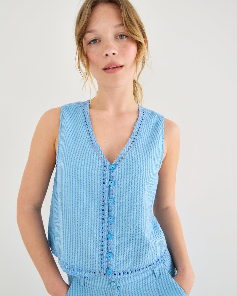 Blue Striped Embroidered V-Neck Cotton Waistcoat