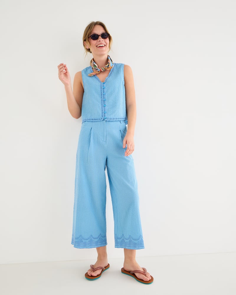 Blue Striped Embroidered V-Neck Cotton Waistcoat