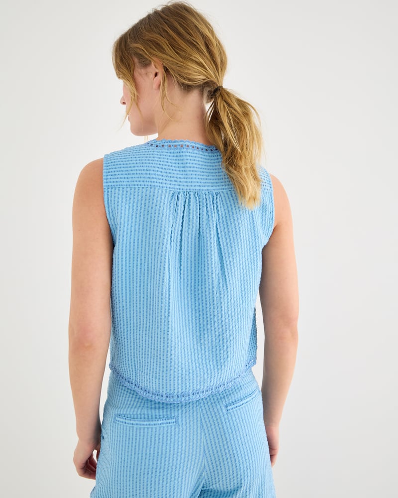 Blue Striped Embroidered V-Neck Cotton Waistcoat