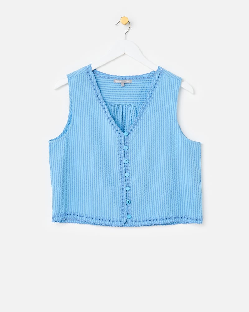 Blue Striped Embroidered V-Neck Cotton Waistcoat
