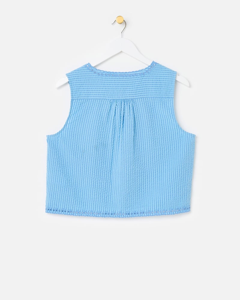 Blue Striped Embroidered V-Neck Cotton Waistcoat