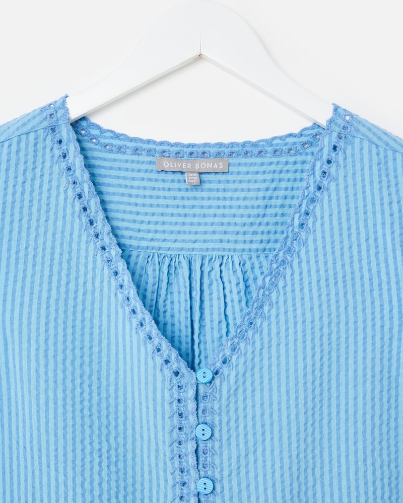 Blue Striped Embroidered V-Neck Cotton Waistcoat