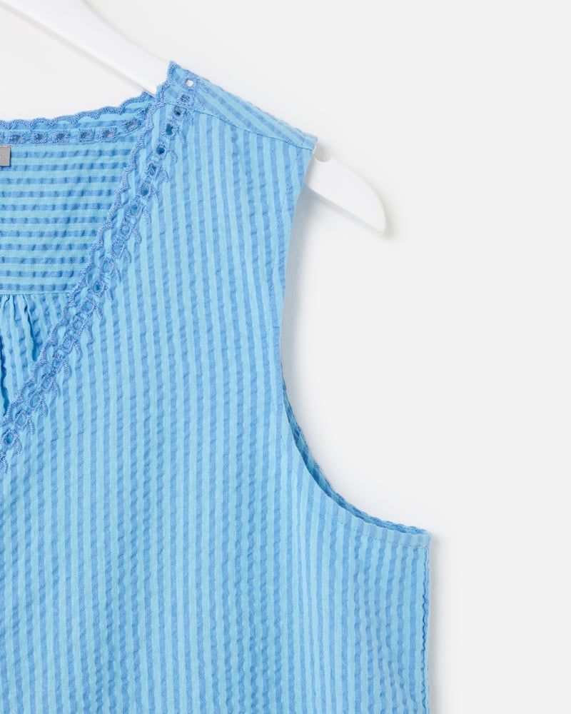 Blue Striped Embroidered V-Neck Cotton Waistcoat