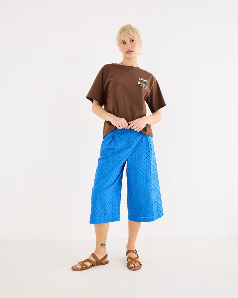 Cobalt Blue Broderie Wide Leg Culotte Trousers
