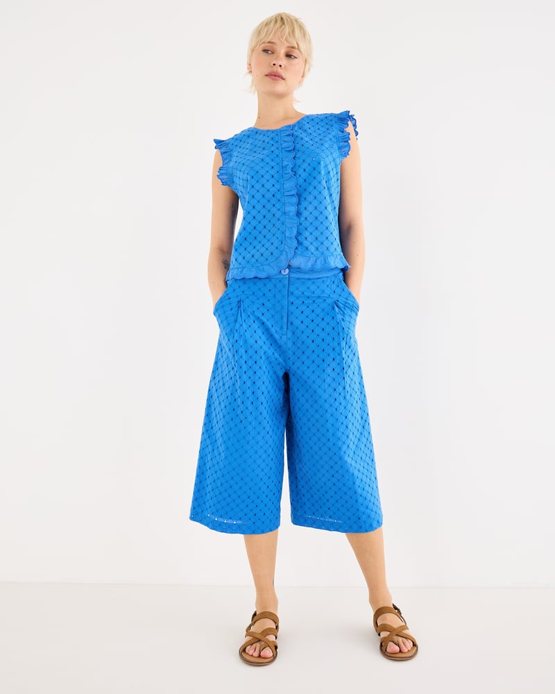 Cobalt Blue Broderie Wide Leg Culotte Trousers