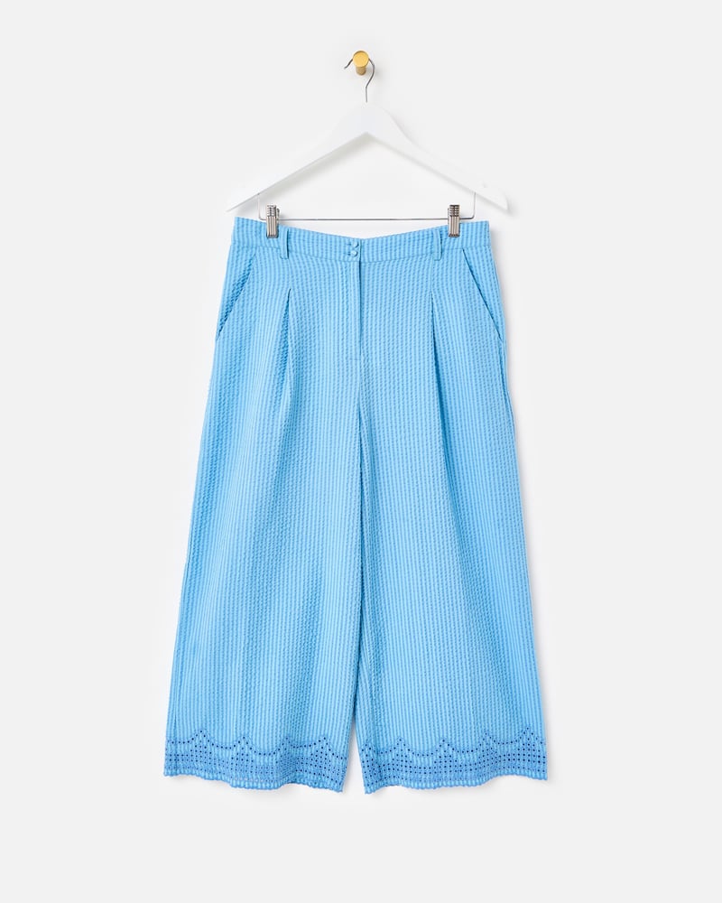 Blue Striped Broderie Hem Cropped Wide Leg Trousers
