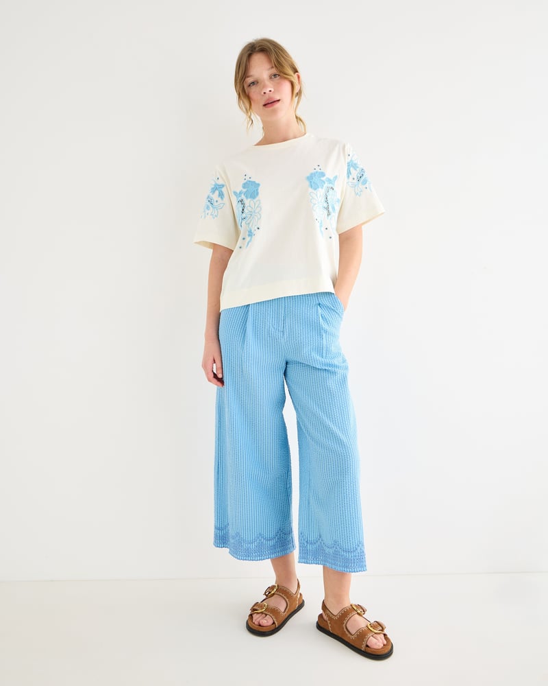 Blue Striped Broderie Hem Cropped Wide Leg Trousers