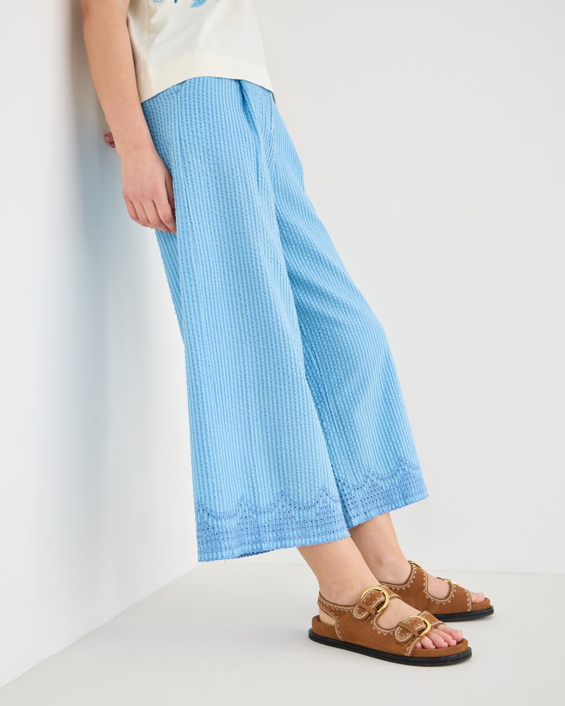 Blue Striped Broderie Hem Cropped Wide Leg Trousers