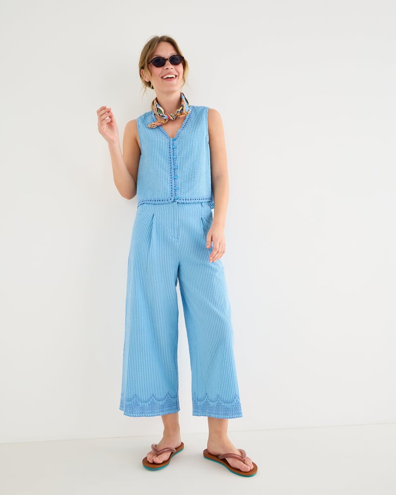 Blue Striped Broderie Hem Cropped Wide Leg Trousers