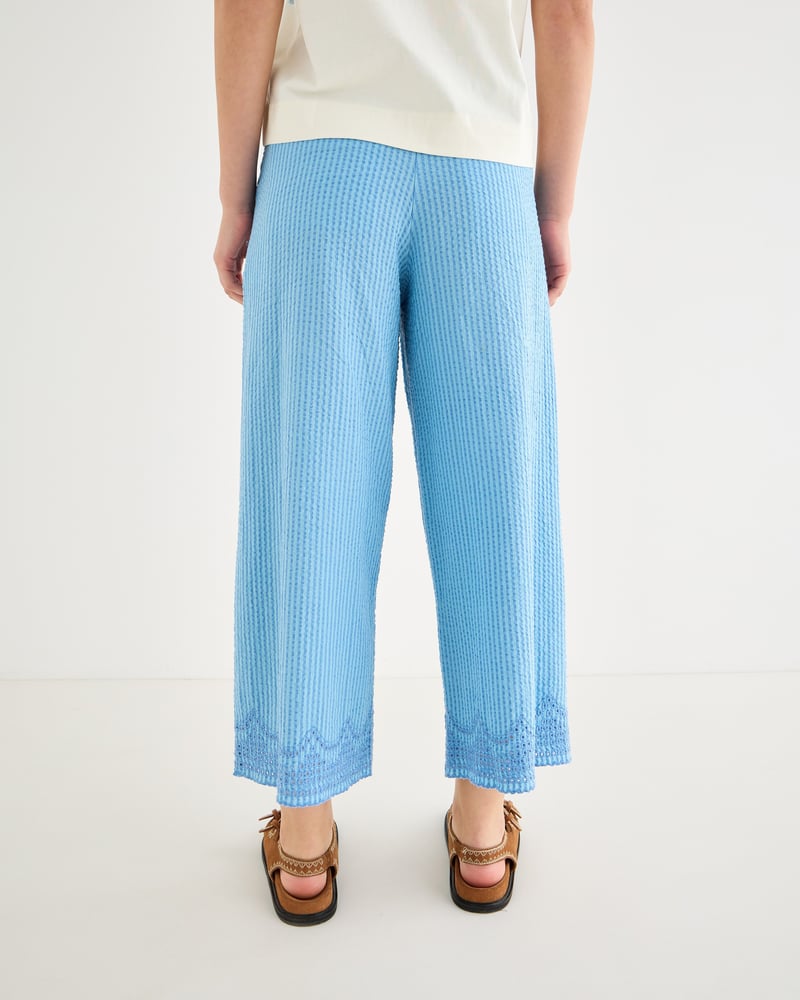 Blue Striped Broderie Hem Cropped Wide Leg Trousers